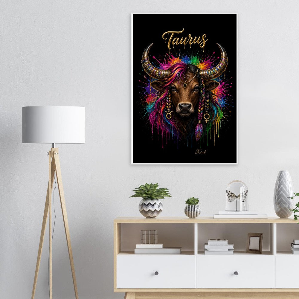 Taurus Neon Zodiac Bull Poster, Colorful Wall Art, Artistic Astrology Canvas, Zodiac Gift for Her, Danish Art Studio