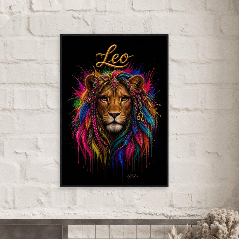 Leo Neon Zodiac Lion Poster, Colorful Wall Art, Artistic Astrology Canvas, Zodiac Gift for Her, Danish Art Studio