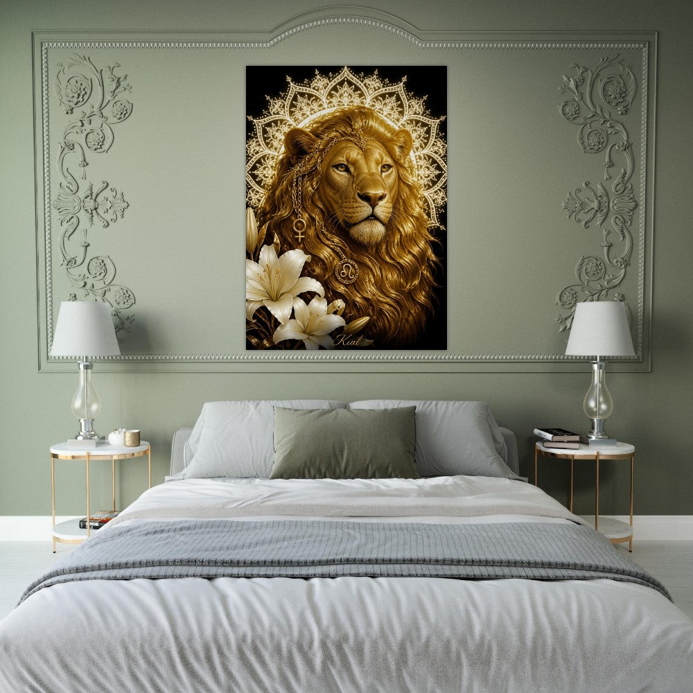 Leo Zodiac Lion Poster, Gold Wall Art, Astrology Canvas, Lion Portrait, Zodiac Gift for Her, Danish Art Studio