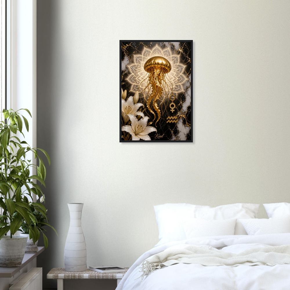 Aquarius Zodiac Jellyfish Poster, Gold Wall Art, Zodiac Gift for Her, Danish Art Studio