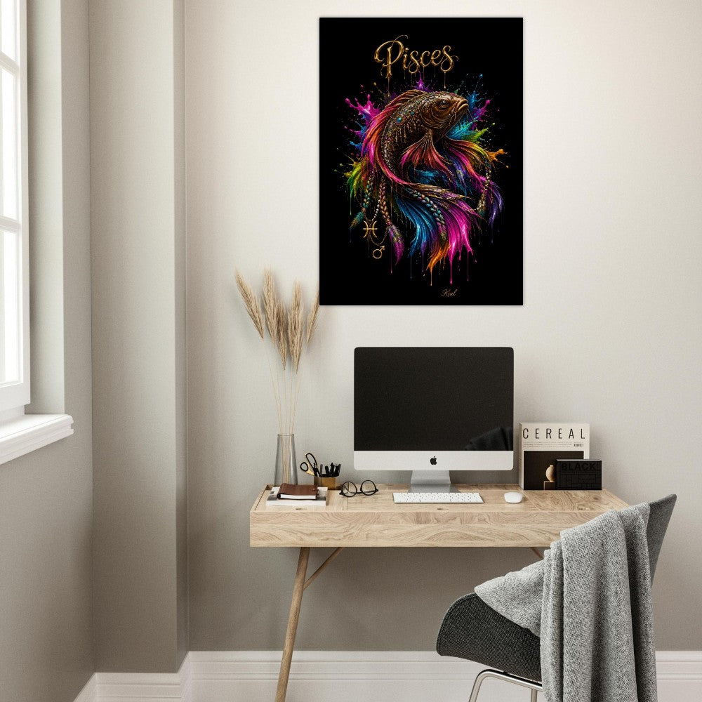 Pisces Neon Zodiac Koi Poster, Colorful Wall Art, Artistic Astrology Canvas, Zodiac Gift for Him, Danish Art Studio