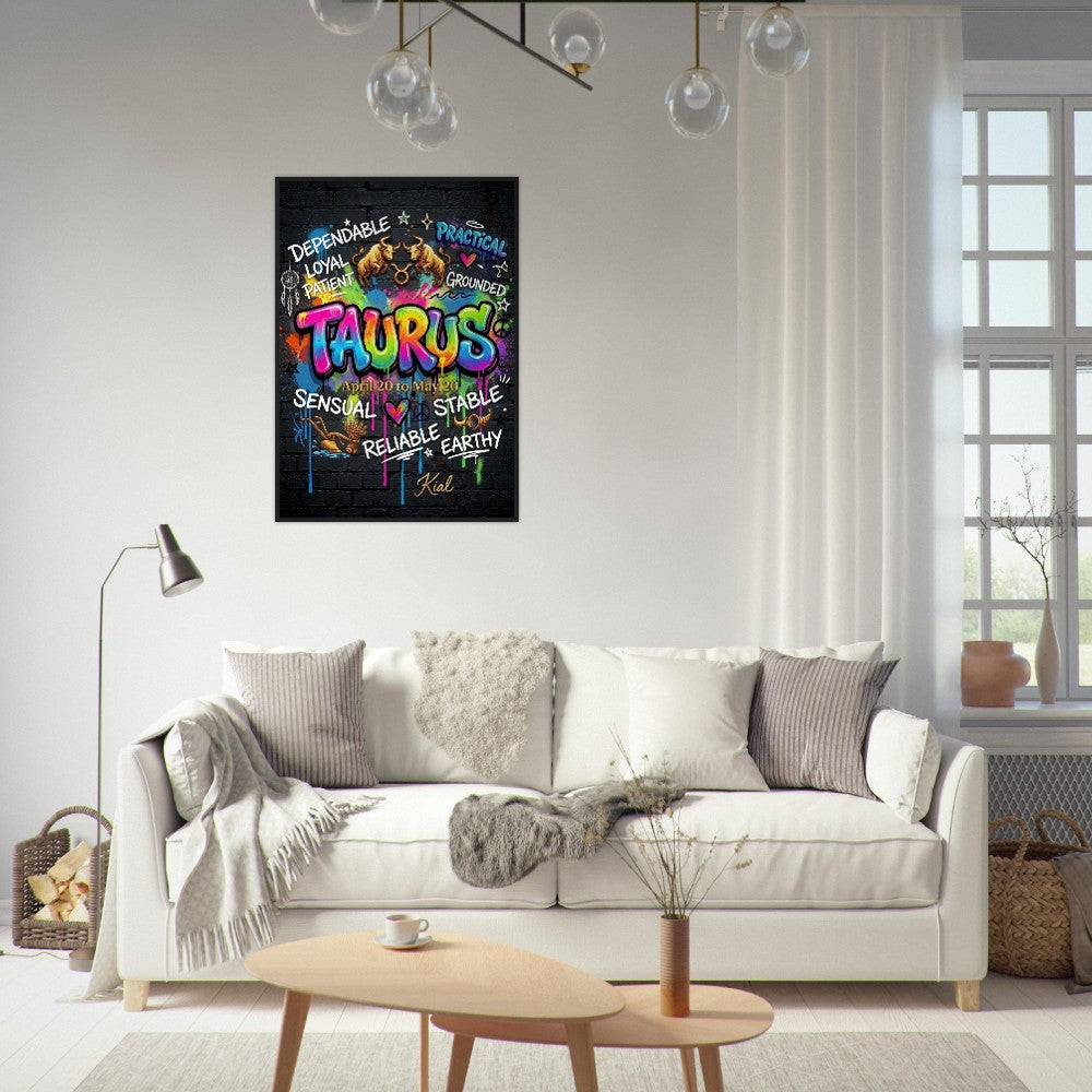 Taurus Neon Graffiti Zodiac Poster, Dark Background, Colorful Street Art, Zodiac Gift for Her, Danish Art Studio