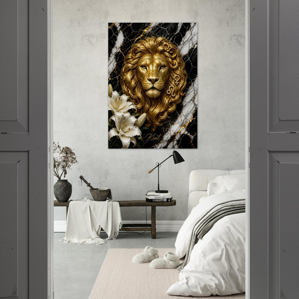 Leo Zodiac Lion Poster, Gold Wall Art, Astrology Canvas, Lion Portrait, Zodiac Gift for Her, Danish Art Studio