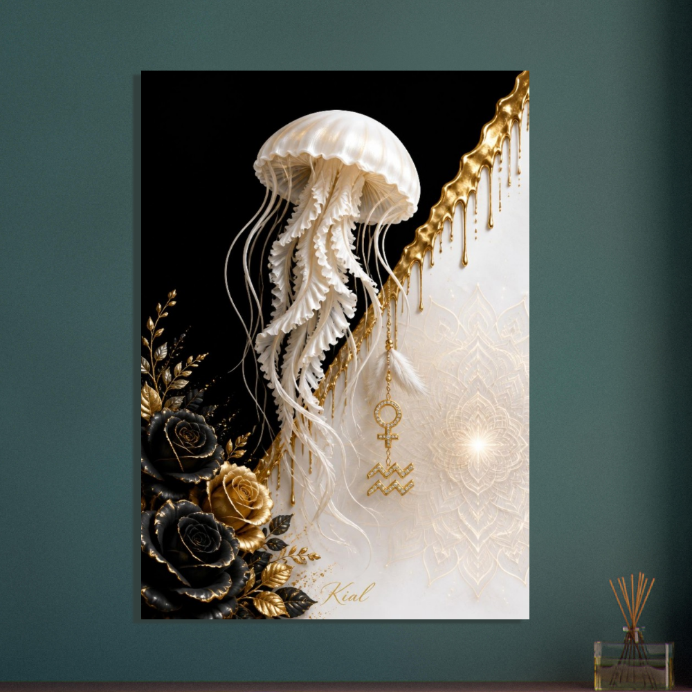 Aquarius Zodiac Jellyfish Poster, Gold Wall Art, Zodiac Gift for Her, Danish Art Studio