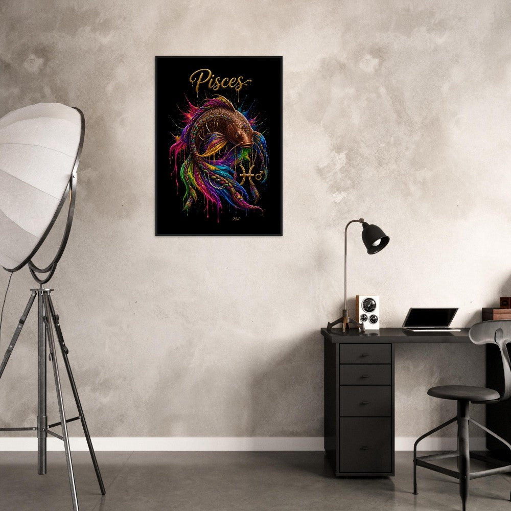 Pisces Neon Zodiac Koi Poster, Colorful Wall Art, Artistic Astrology Canvas, Zodiac Gift for Him, Danish Art Studio