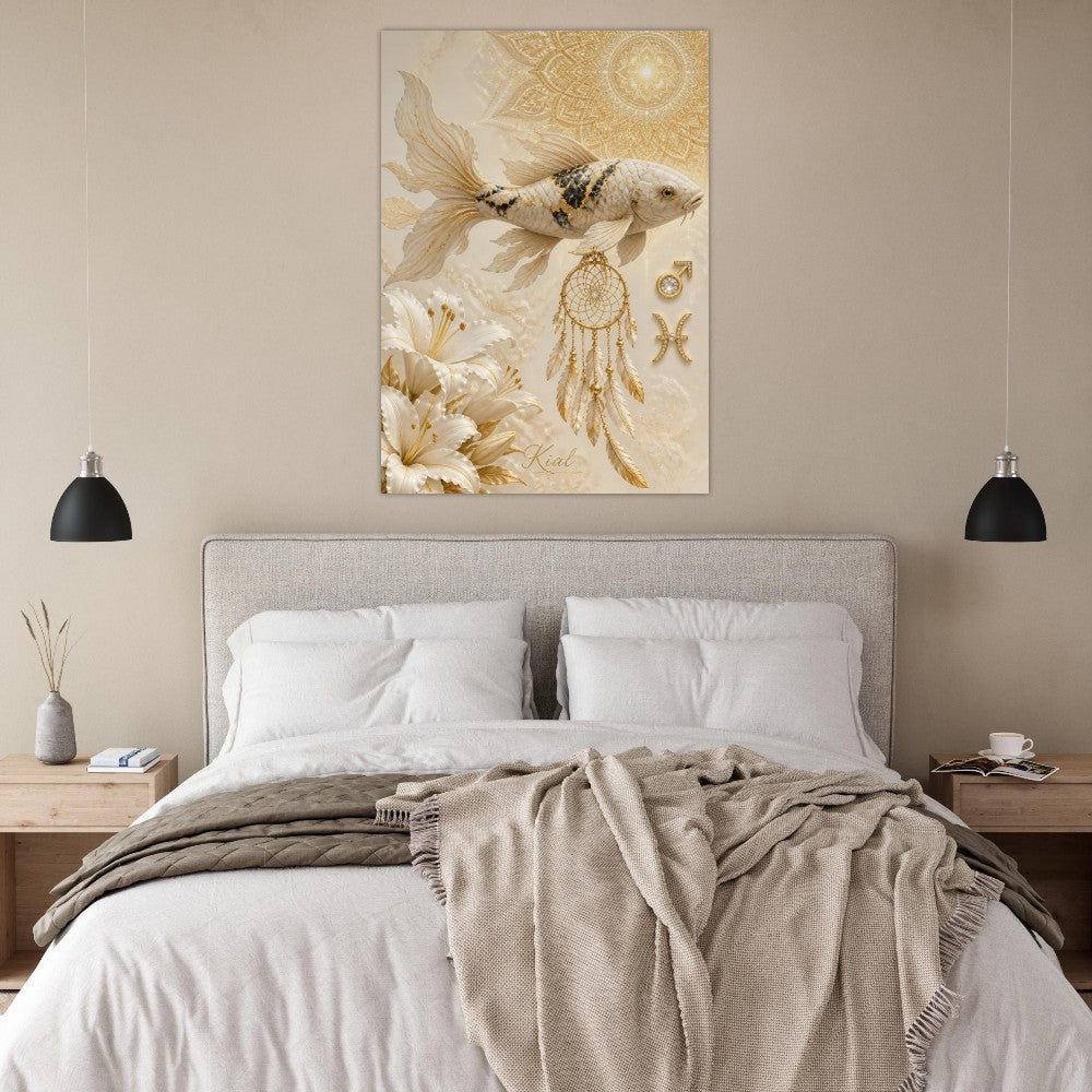 Pisces Zodiac Koi Poster, Gold Wall Art, Astrology Canvas, Koi Portrait, Zodiac Gift for Him, Danish Art Studio