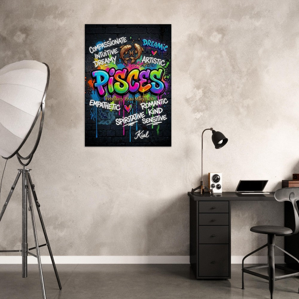 Pisces Neon Graffiti Zodiac Poster, Dark Background, Colorful Street Art, Zodiac Gift for Her, Danish Art Studio