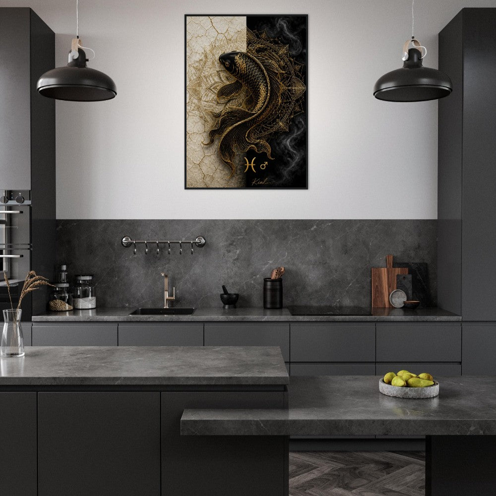 Pisces Zodiac Koi Poster, Gold Wall Art, Astrology Canvas, Koi Portrait, Zodiac Gift for Him, Danish Art Studio