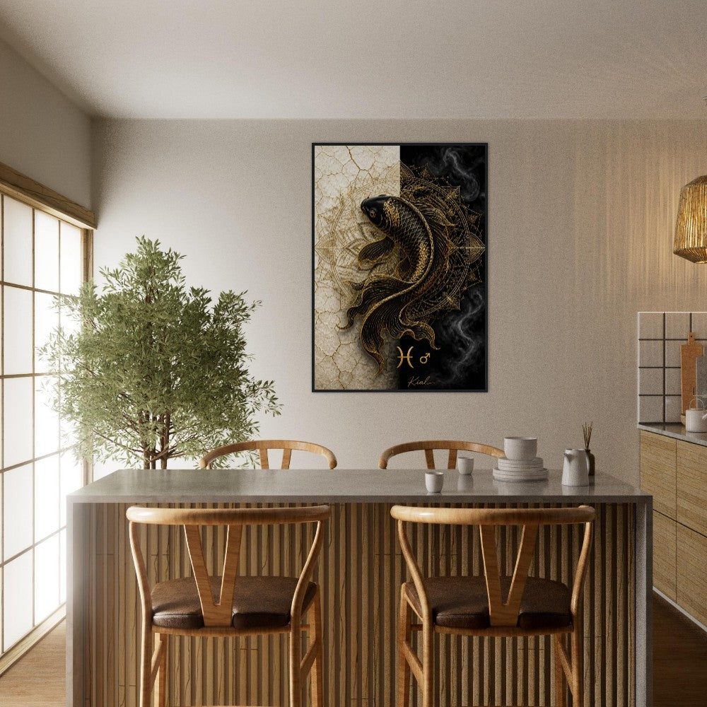 Pisces Zodiac Koi Poster, Gold Wall Art, Astrology Canvas, Koi Portrait, Zodiac Gift for Him, Danish Art Studio