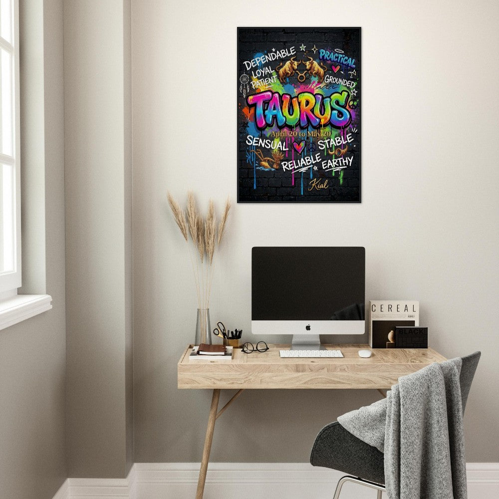 Taurus Neon Graffiti Zodiac Poster, Dark Background, Colorful Street Art, Zodiac Gift for Her, Danish Art Studio
