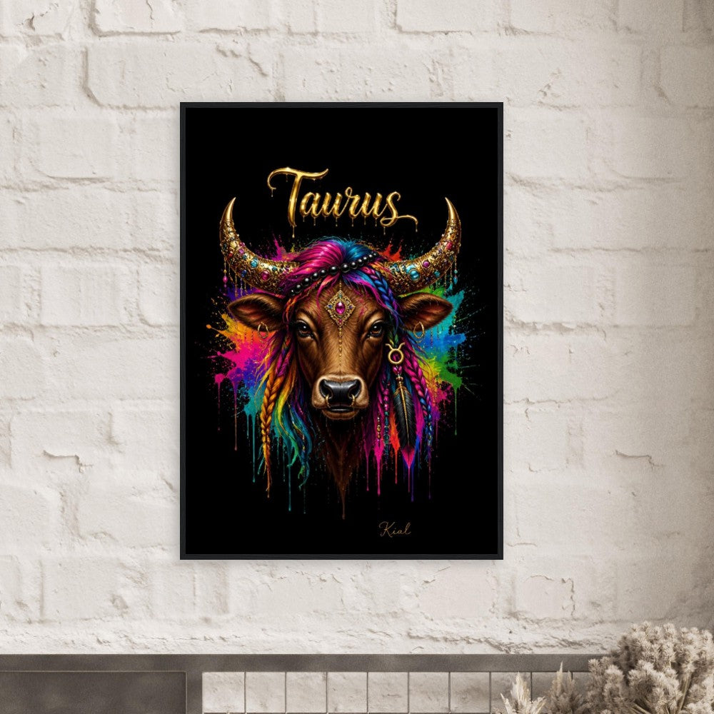 Taurus Neon Zodiac Bull Poster, Colorful Wall Art, Artistic Astrology Canvas, Zodiac Gift for Her, Danish Art Studio