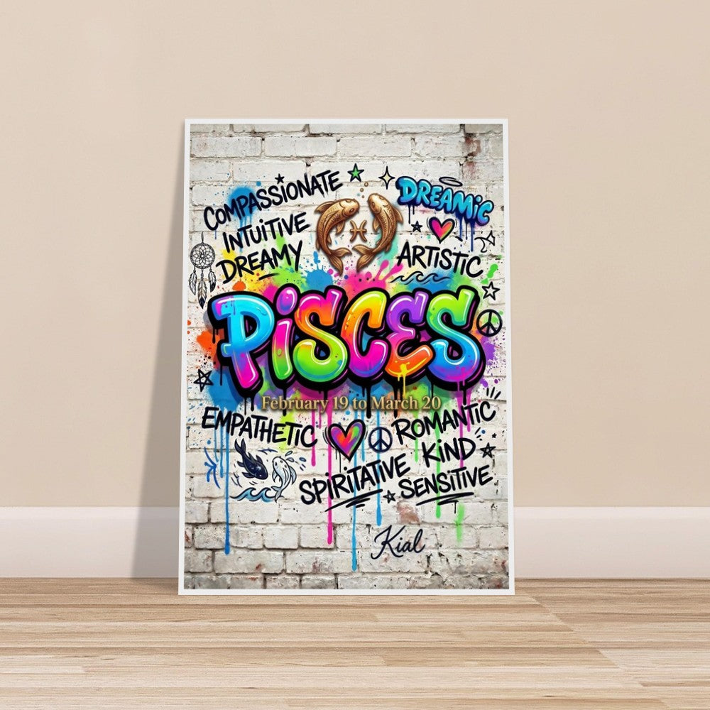 Pisces Neon Graffiti Zodiac Poster, Colorful Street Art, Zodiac Gift for Her, Danish Art Studio