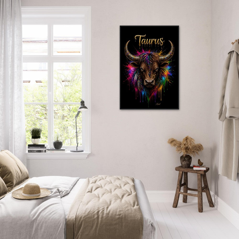 Taurus Neon Zodiac Bull Poster, Colorful Wall Art, Artistic Astrology Canvas, Zodiac Gift for Him, Danish Art Studio