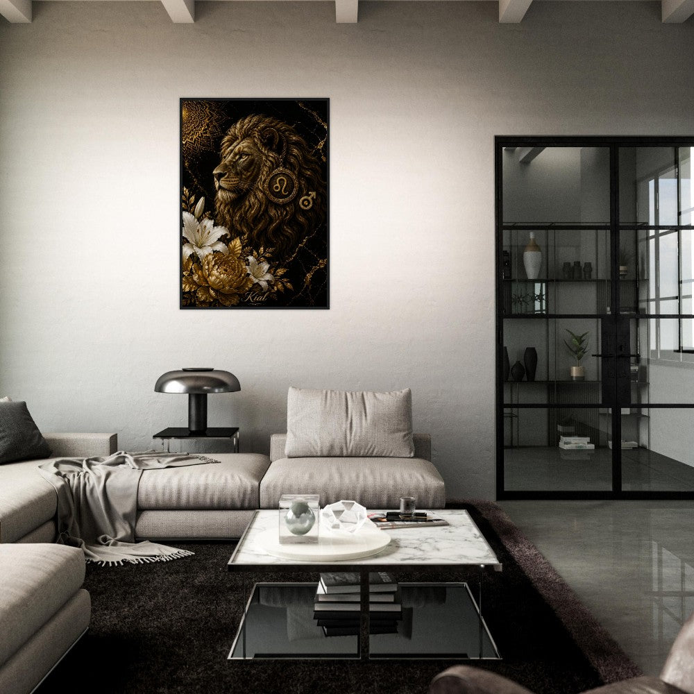 Leo Zodiac Lion Poster, Gold Wall Art, Astrology Canvas, Lion Portrait, Zodiac Gift for Him, Danish Art Studio