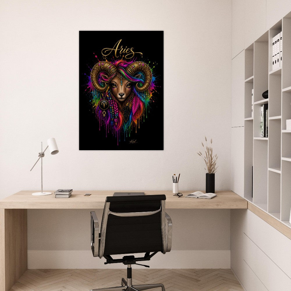 Vædderen Neon Stjernetegn Plakat, Farverig Vægkunst, Kunstnerisk Astrologi Lærred, Stjernetegnsgave til Hende, Danish Art Studio
