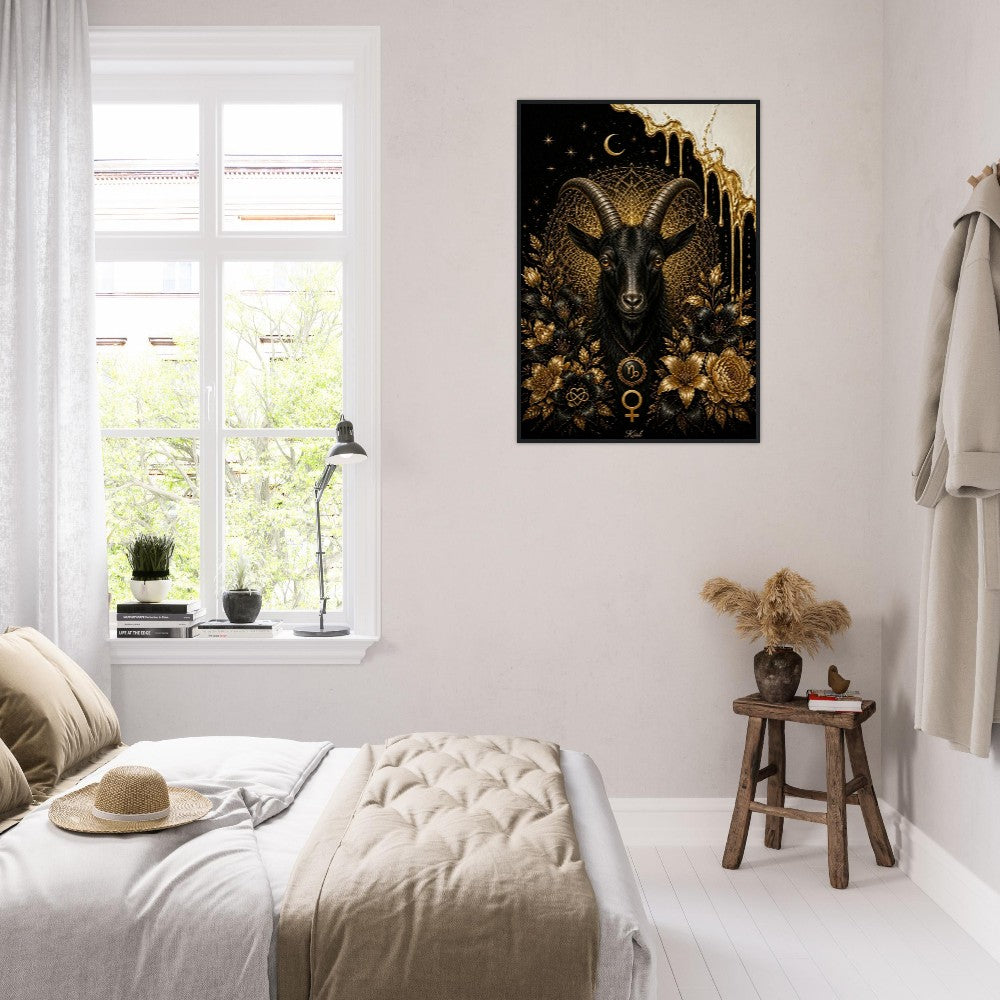 Capricorn Zodiac Goat Poster, Gold Wall Art, Astrology Canvas, Goat Portrait, Zodiac Gift for Her, Danish Art Studio
