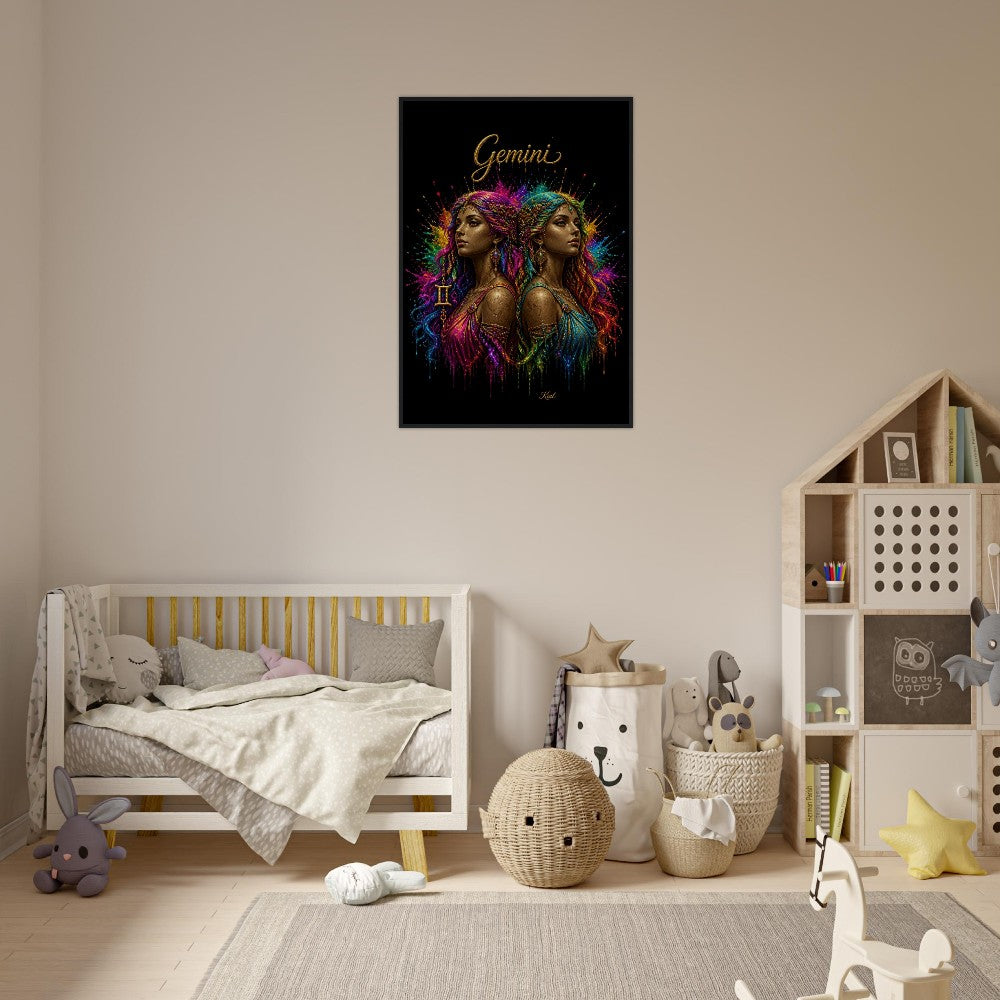 Gemini Neon Zodiac Tvillinger Plakat, Farverig Vægkunst, Kunstnerisk Astrologi Lærred, Zodiak Gave til Hende, Dansk Kunst Studio