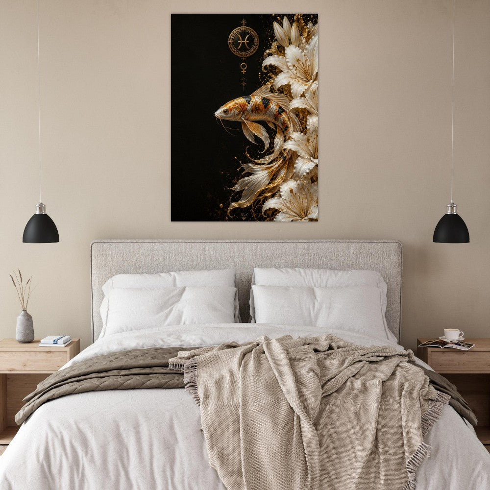 Pisces Zodiac Koi Poster, Gold Wall Art, Astrology Canvas, Koi Portrait, Zodiac Gift for Her, Danish Art Studio