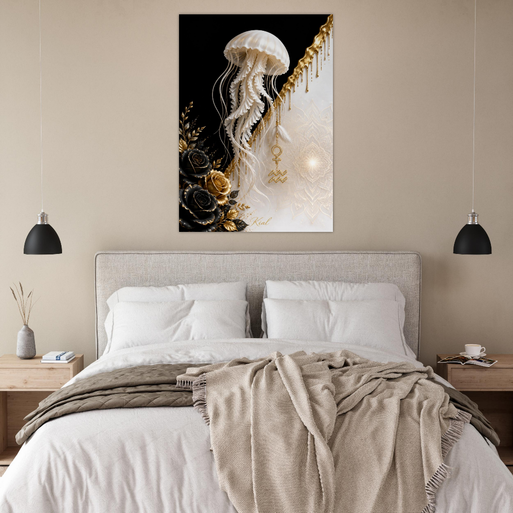 Aquarius Zodiac Jellyfish Poster, Gold Wall Art, Zodiac Gift for Her, Danish Art Studio