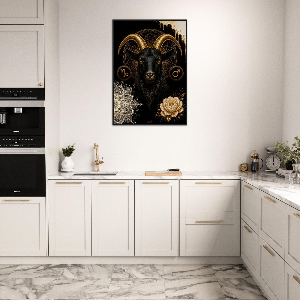 Capricorn Zodiac Goat Poster, Gold Wall Art, Astrology Canvas, Goat Portrait, Zodiac Gift for Him, Danish Art Studio
