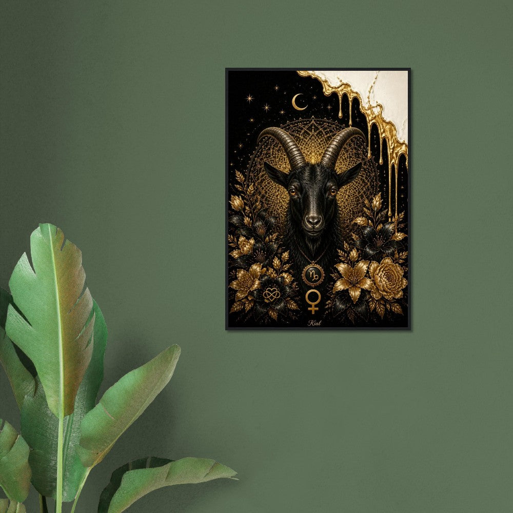Capricorn Zodiac Goat Poster, Gold Wall Art, Astrology Canvas, Goat Portrait, Zodiac Gift for Her, Danish Art Studio