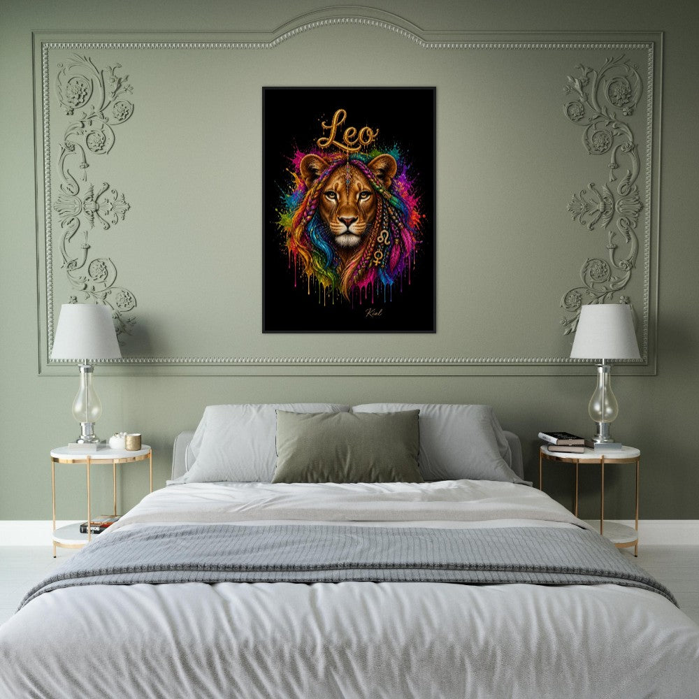 Leo Neon Zodiac Lion Poster, Colorful Wall Art, Artistic Astrology Canvas, Zodiac Gift for Her, Danish Art Studio