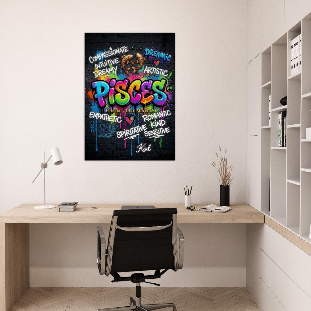 Pisces Neon Graffiti Zodiac Poster, Dark Background, Colorful Street Art, Zodiac Gift for Her, Danish Art Studio