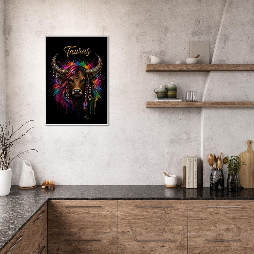 Taurus Neon Zodiac Bull Poster, Colorful Wall Art, Artistic Astrology Canvas, Zodiac Gift for Her, Danish Art Studio