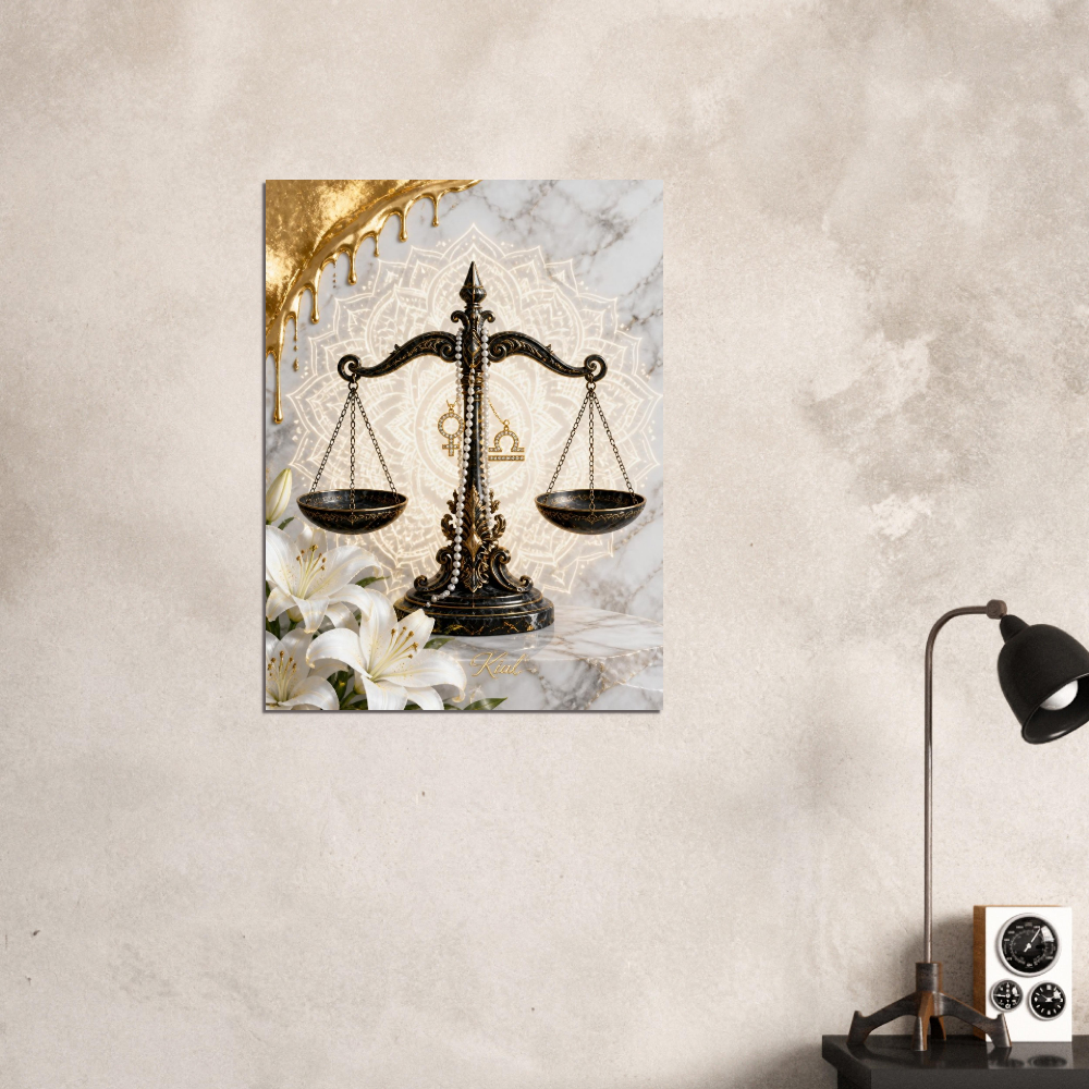 Libra Zodiac Scales Poster, Gold Wall Art, Astrology Canvas, Scales Portrait, Zodiac Gift for Her, Danish Art Studio