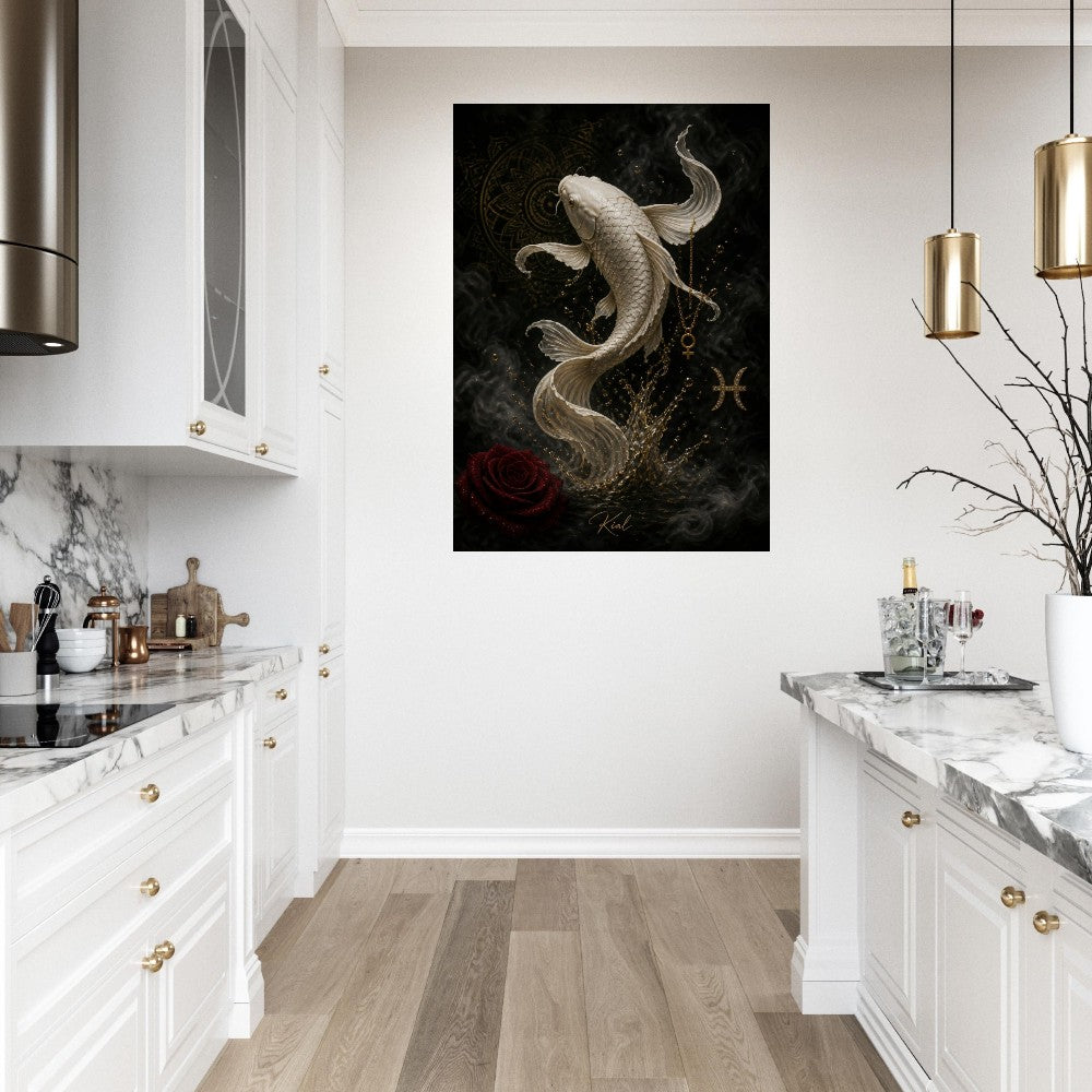 Pisces Zodiac Koi Poster, Gold Wall Art, Astrology Canvas, Koi Portrait, Zodiac Gift for Her, Danish Art Studio