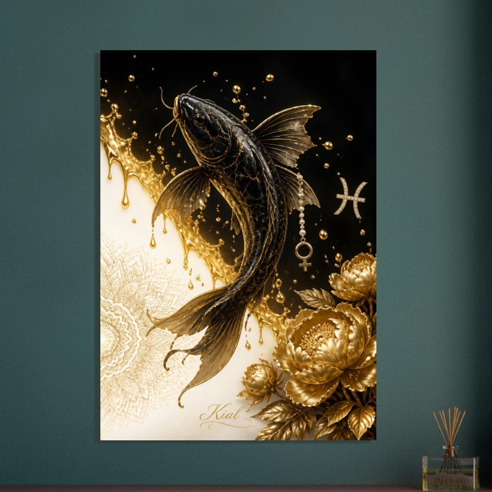 Pisces Zodiac Koi Poster, Gold Wall Art, Astrology Canvas, Koi Portrait, Zodiac Gift for Her, Danish Art Studio