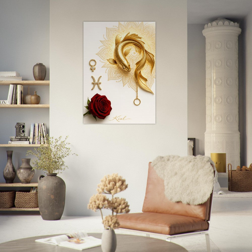 Pisces Zodiac Koi Poster, Gold Wall Art, Astrology Canvas, Koi Portrait, Zodiac Gift for Her, Danish Art Studio