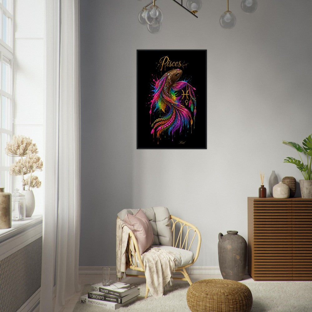 Pisces Neon Zodiac Koi Poster, Colorful Wall Art, Artistic Astrology Canvas, Zodiac Gift for Her, Danish Art Studio