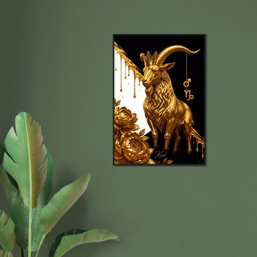 Capricorn Zodiac Goat Poster, Gold Wall Art, Astrology Canvas, Goat Portrait, Zodiac Gift for Him, Danish Art Studio