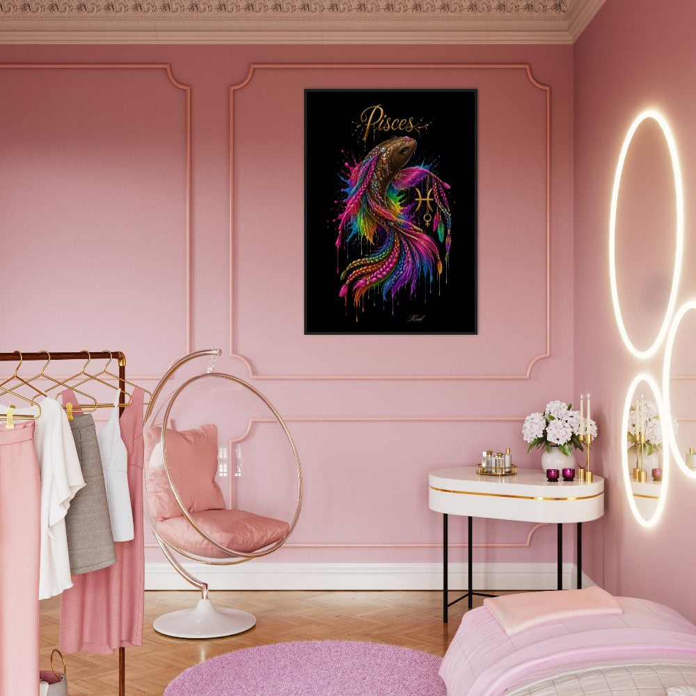 Pisces Neon Zodiac Koi Poster, Colorful Wall Art, Artistic Astrology Canvas, Zodiac Gift for Her, Danish Art Studio