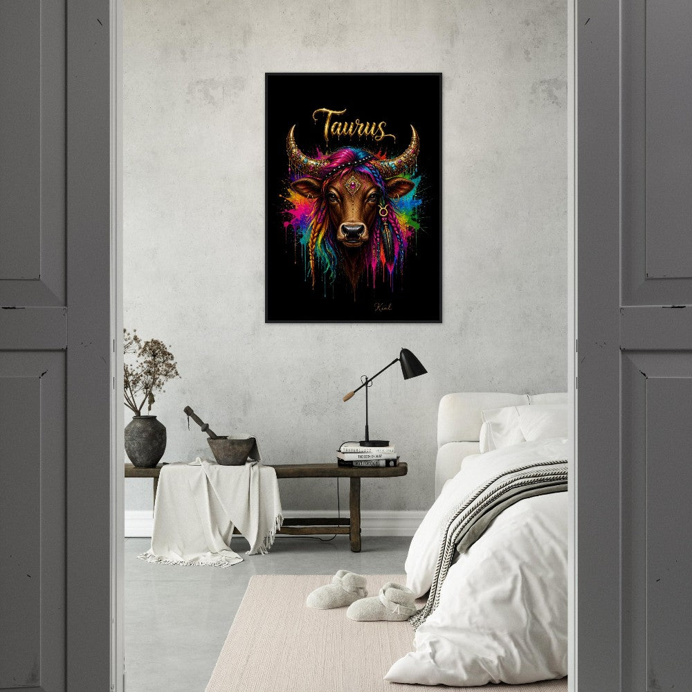 Taurus Neon Zodiac Bull Poster, Colorful Wall Art, Artistic Astrology Canvas, Zodiac Gift for Her, Danish Art Studio