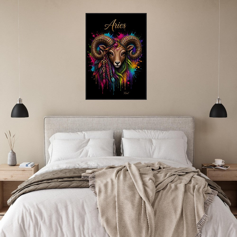 Aries Neon Zodiac Ram Poster, Colorful Wall Art, Artistic Astrology Canvas, Zodiac Gift for Her, Danish Art Studio