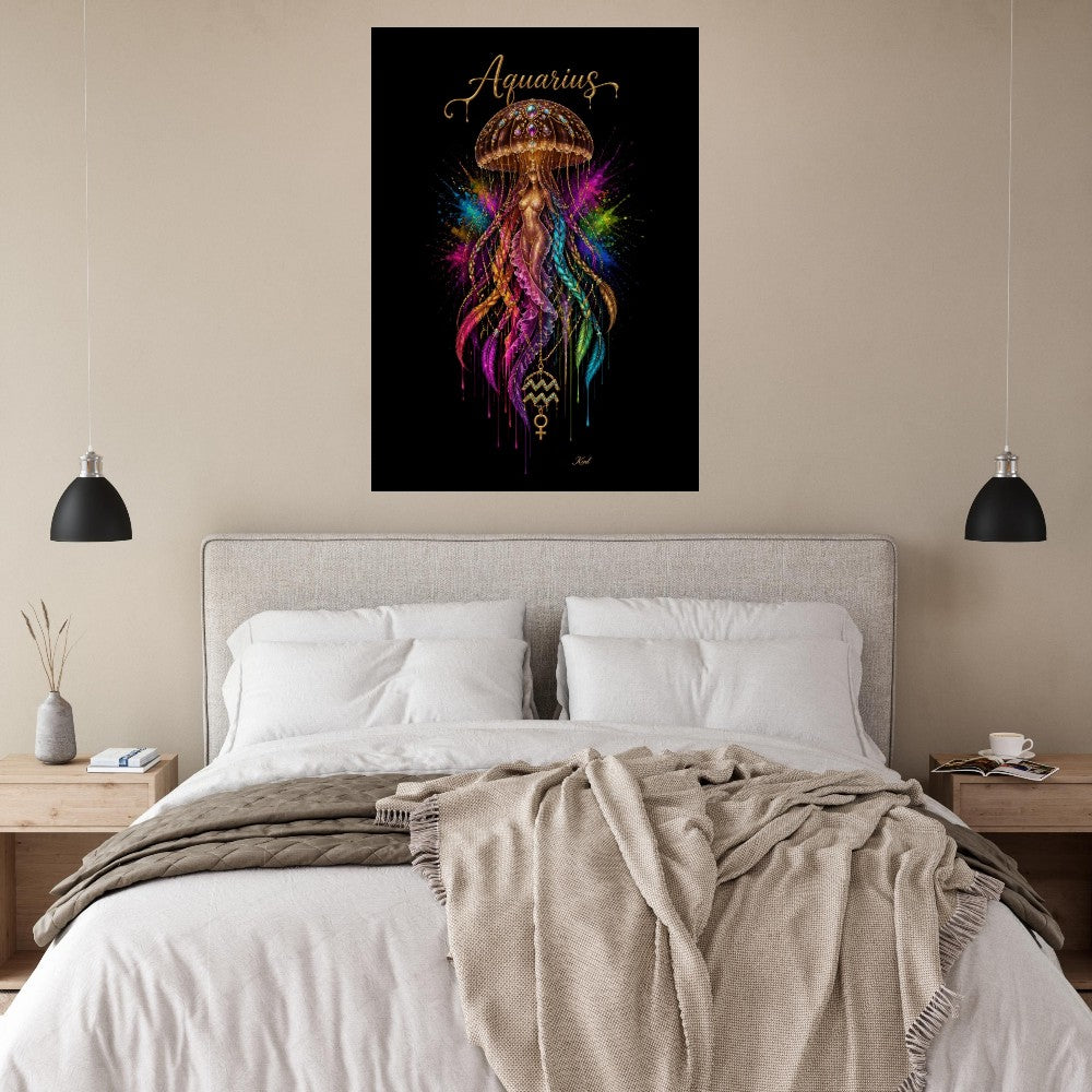 Aquarius Neon Stjernetegn Medusa Plakat, Farverig Vægkunst, Stjernetegnsgave til Ham, Danish Art Studio