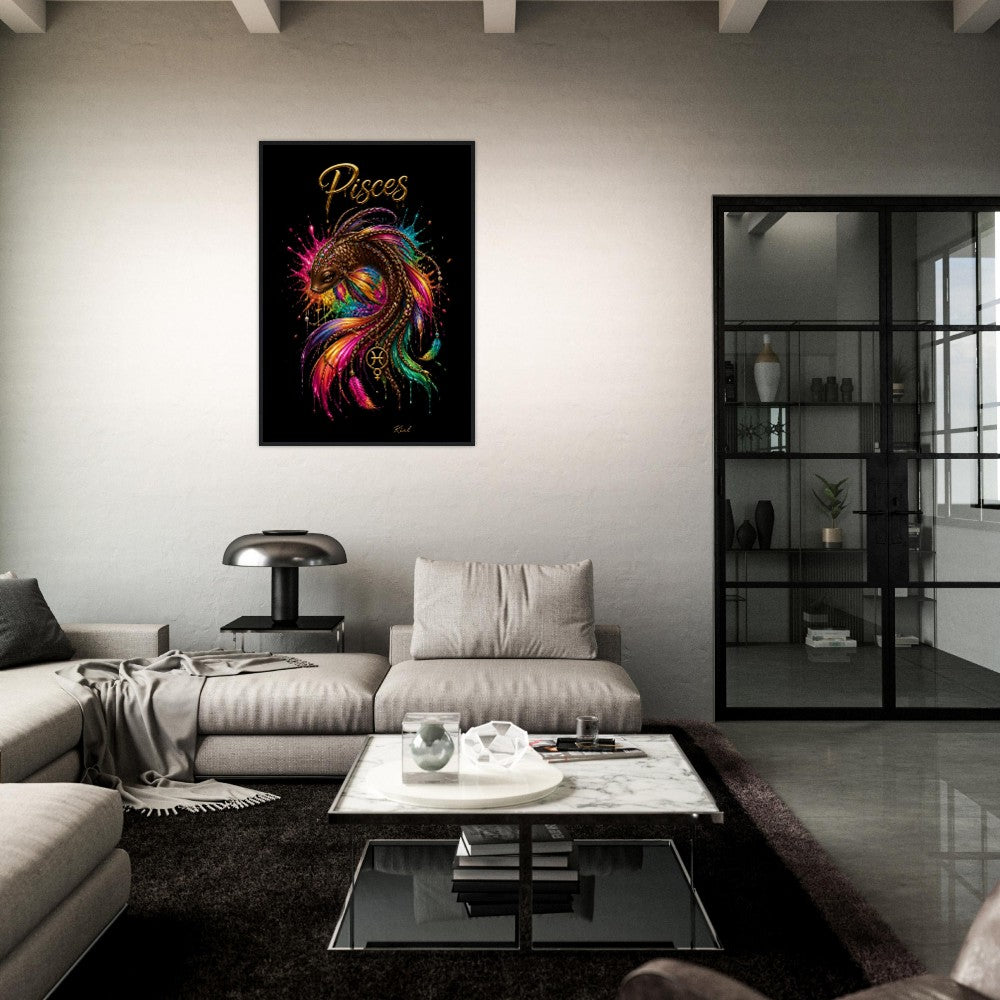 Pisces Neon Zodiac Koi Poster, Colorful Wall Art, Artistic Astrology Canvas, Zodiac Gift for Her, Danish Art Studio