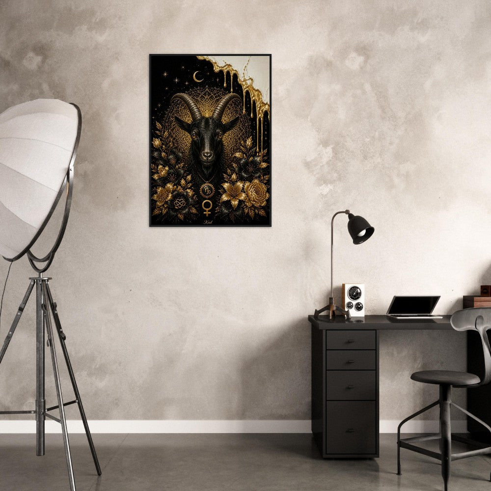 Capricorn Zodiac Goat Poster, Gold Wall Art, Astrology Canvas, Goat Portrait, Zodiac Gift for Her, Danish Art Studio