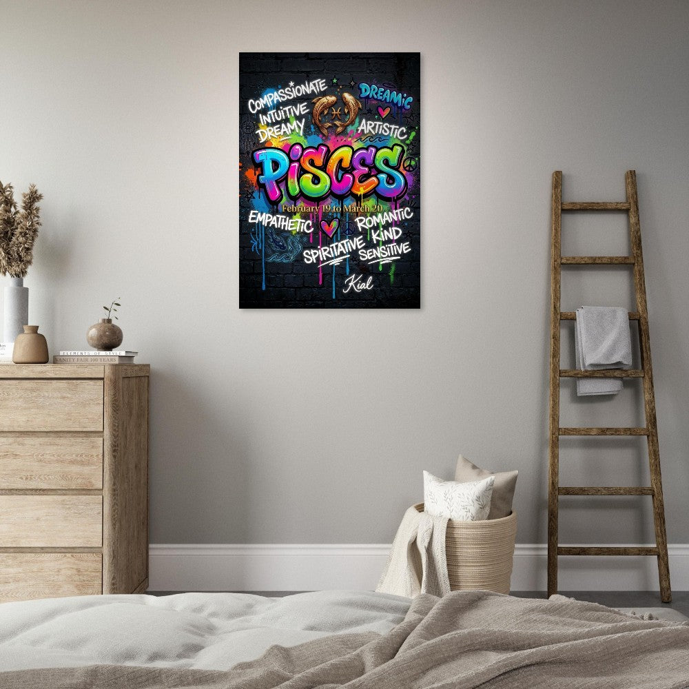 Pisces Neon Graffiti Zodiac Poster, Dark Background, Colorful Street Art, Zodiac Gift for Her, Danish Art Studio