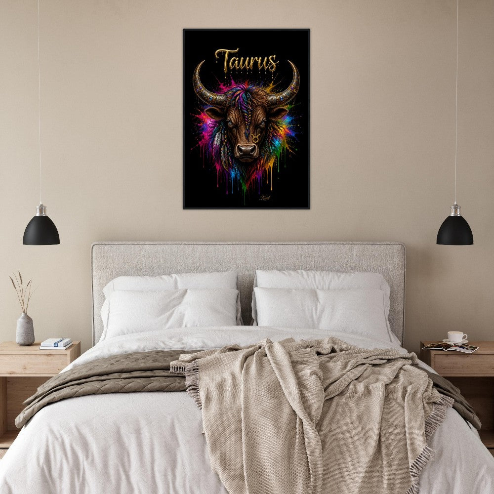 Taurus Neon Zodiac Bull Poster, Colorful Wall Art, Artistic Astrology Canvas, Zodiac Gift for Him, Danish Art Studio
