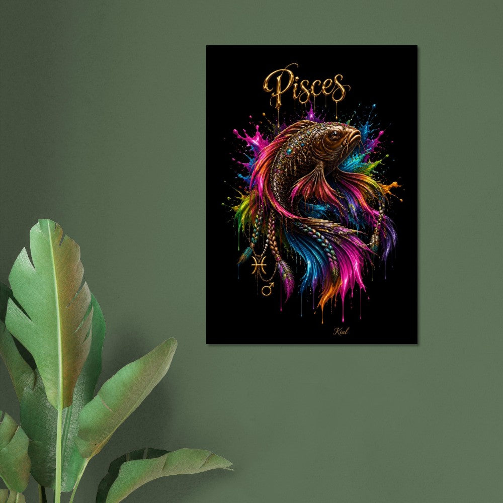 Pisces Neon Zodiac Koi Poster, Colorful Wall Art, Artistic Astrology Canvas, Zodiac Gift for Him, Danish Art Studio