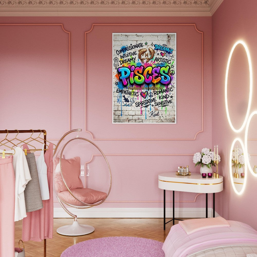 Pisces Neon Graffiti Zodiac Poster, Colorful Street Art, Zodiac Gift for Her, Danish Art Studio