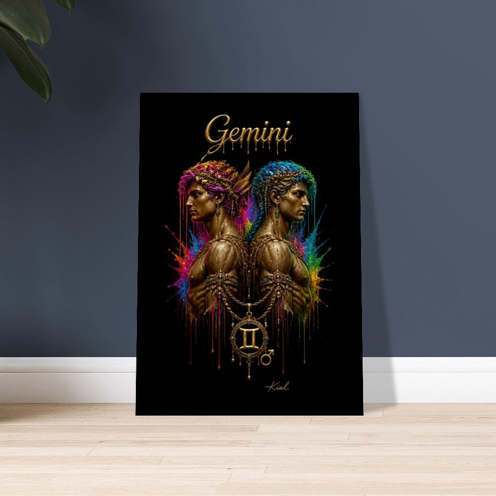 Gemini Neon Zodiac Twins Plakat, Farverig Vægkunst, Kunstnerisk Astrologi Lærred, Stjernetegnsgave til Ham, Danish Art Studio