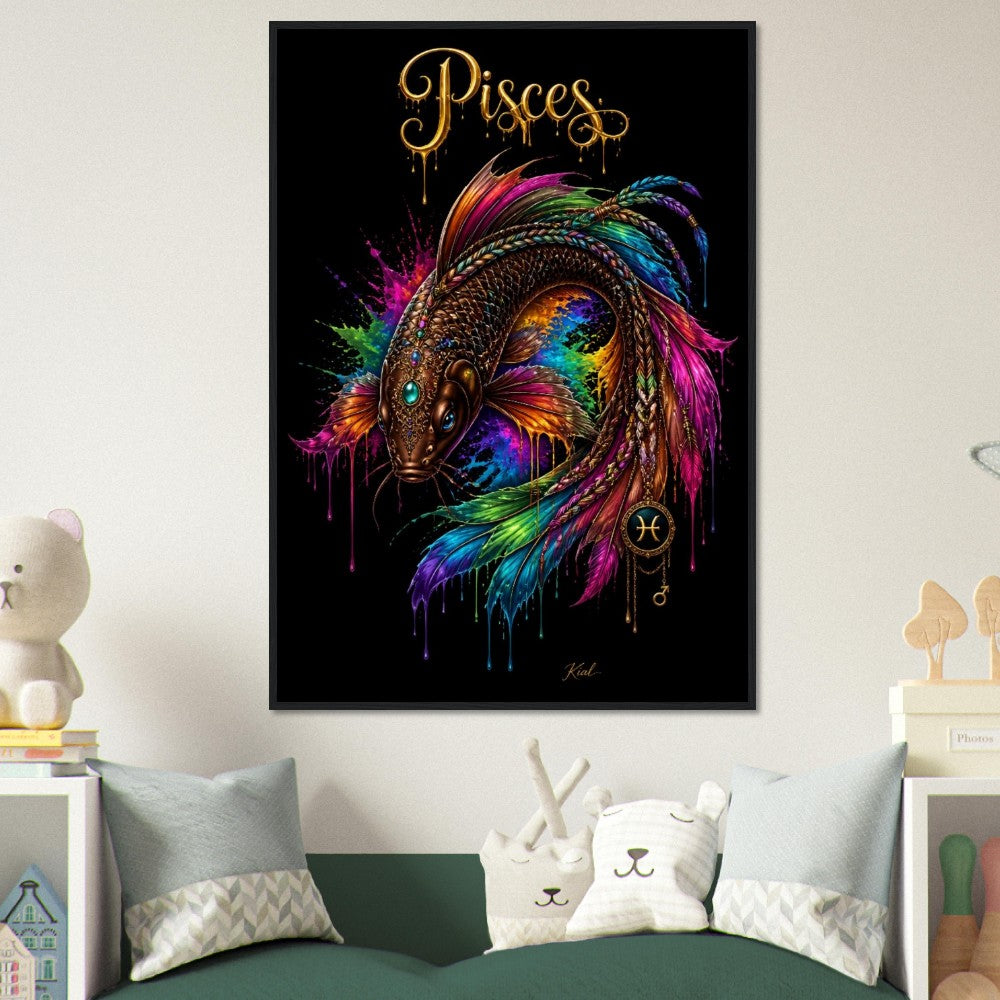 Pisces Neon Zodiac Koi Poster, Colorful Wall Art, Artistic Astrology Canvas, Zodiac Gift for Him, Danish Art Studio