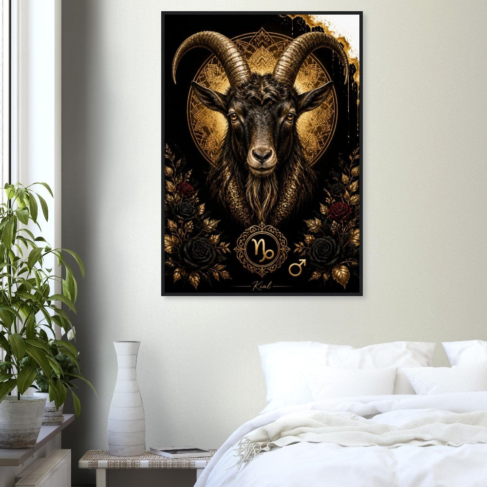 Capricorn Zodiac Goat Poster, Gold Wall Art, Astrology Canvas, Goat Portrait, Zodiac Gift for Him, Danish Art Studio