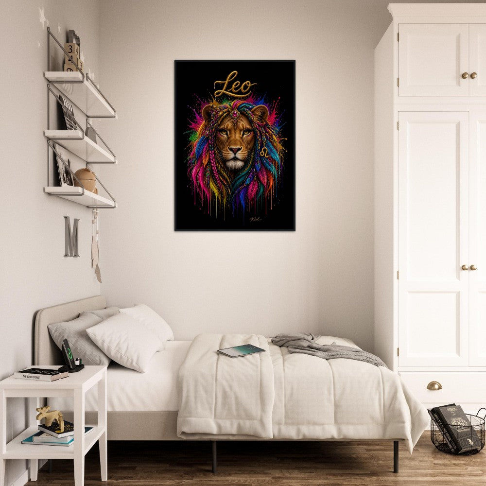 Leo Neon Zodiac Lion Poster, Colorful Wall Art, Artistic Astrology Canvas, Zodiac Gift for Her, Danish Art Studio
