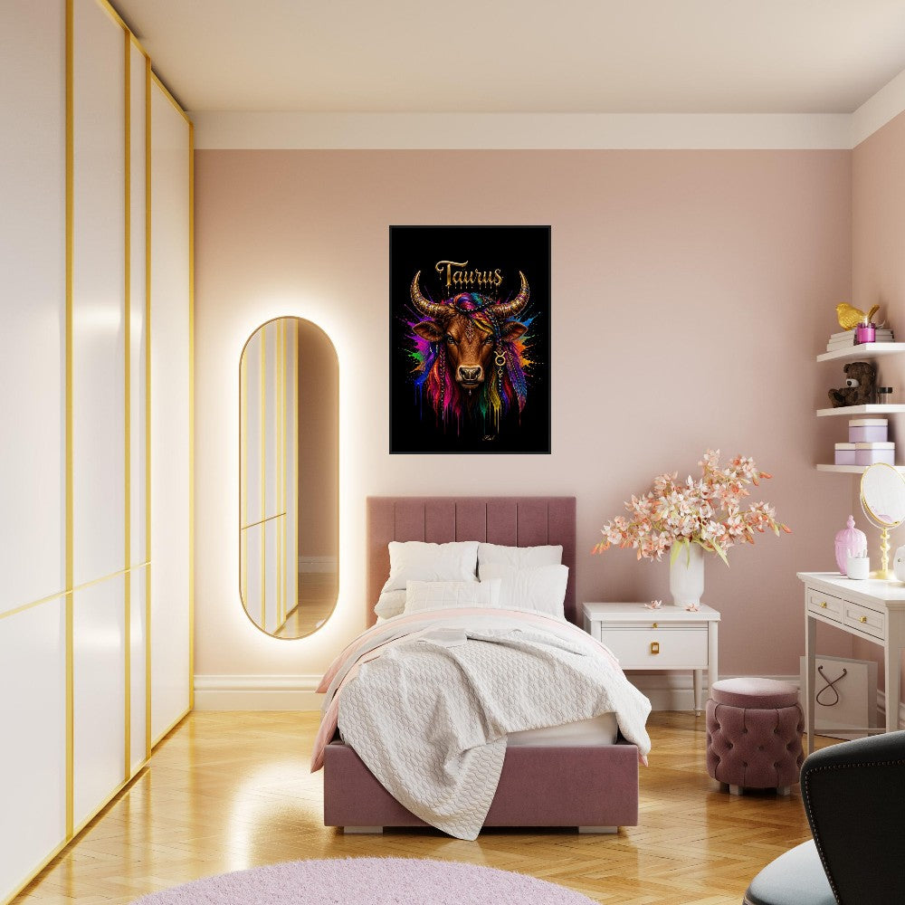 Taurus Neon Zodiac Bull Poster, Colorful Wall Art, Artistic Astrology Canvas, Zodiac Gift for Her, Danish Art Studio