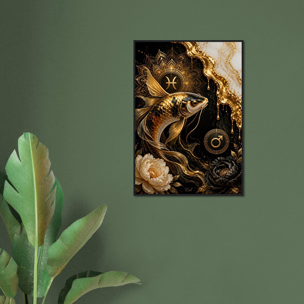 Pisces Zodiac Koi Poster, Gold Wall Art, Astrology Canvas, Koi Portrait, Zodiac Gift for Him, Danish Art Studio